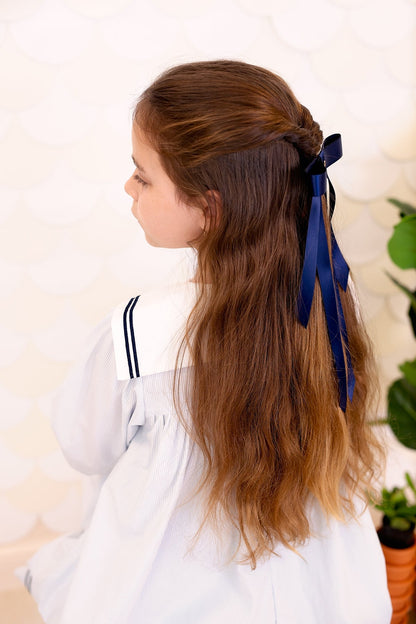 Piper Bow Long Satin Clip - Navy