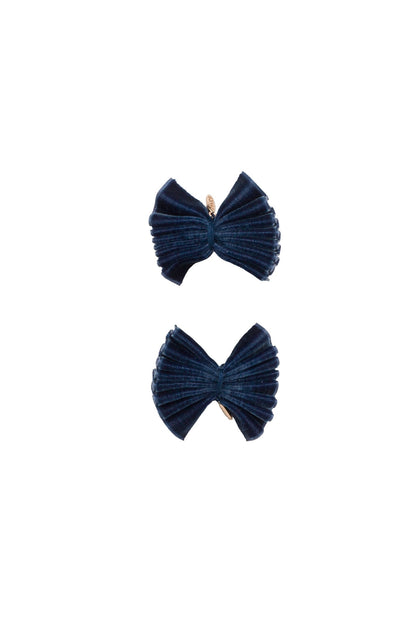 Velvet Pleated Butterfly Bow Clip Set - Navy (Handmade in the USA!)